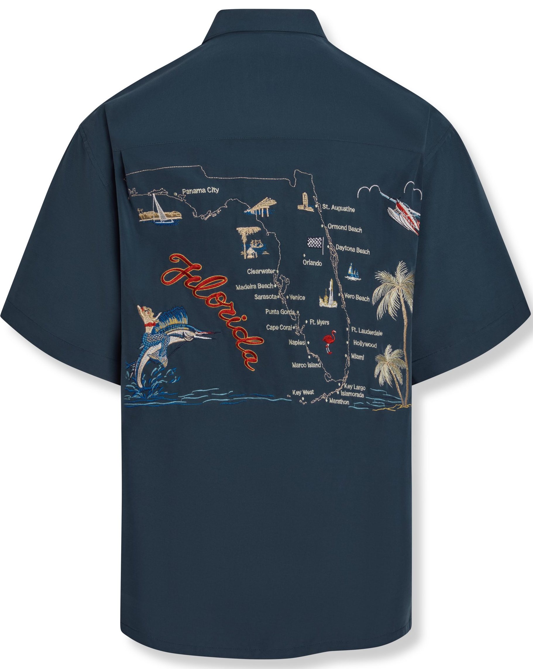 Bamboo Cay Men's short sleeve tropical style embroidered tropical camp shirt navy