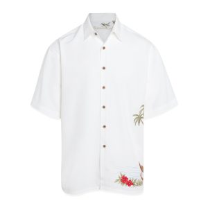 Bamboo cay embroidered mens short sleeve hula luau Hawaiian shirt