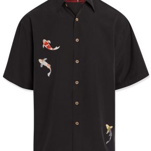 bamboo cay mens charming koi fish black colored embroidered shirt