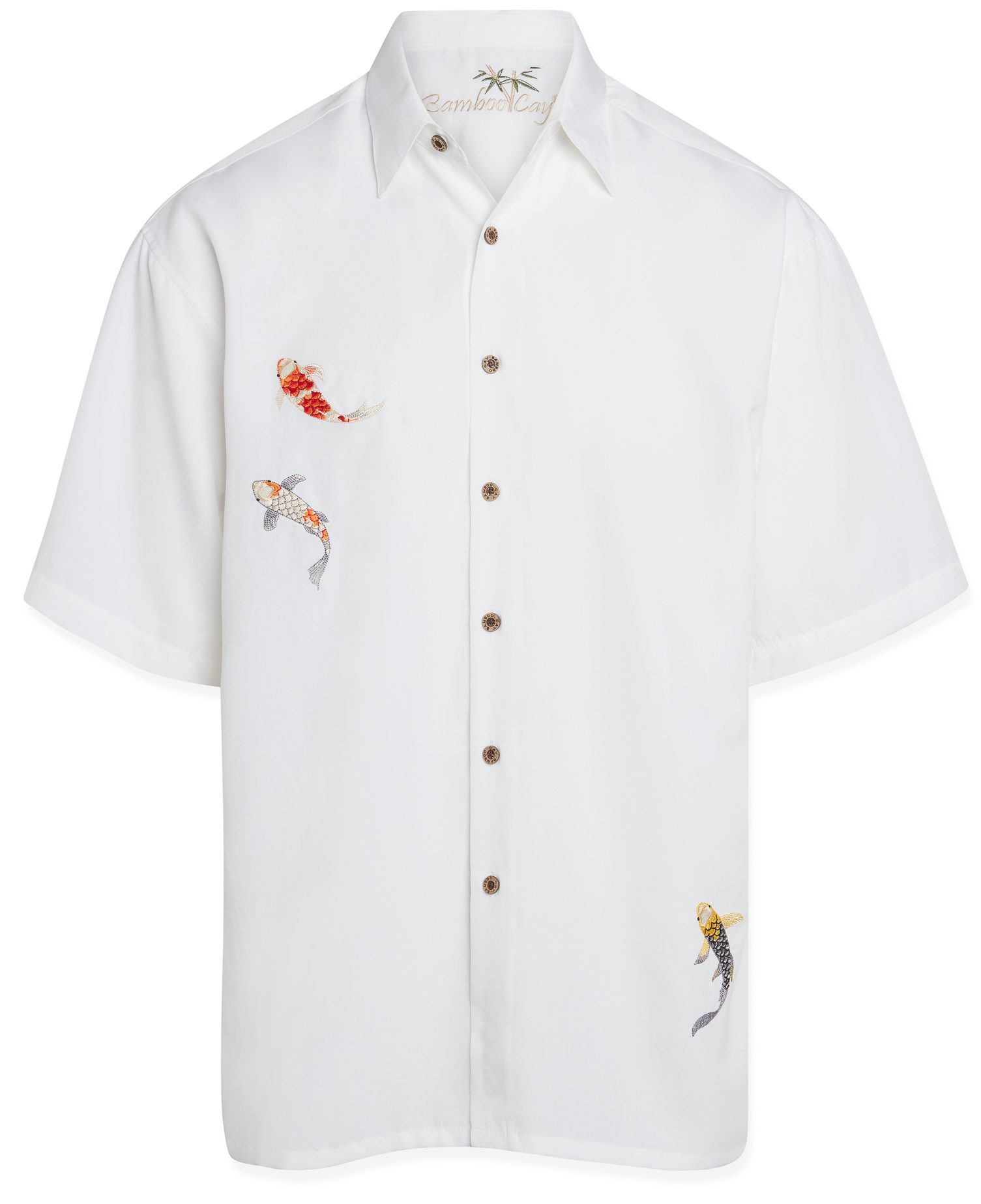 bamboo cay mens charming koi fish white colored embroidered shirt