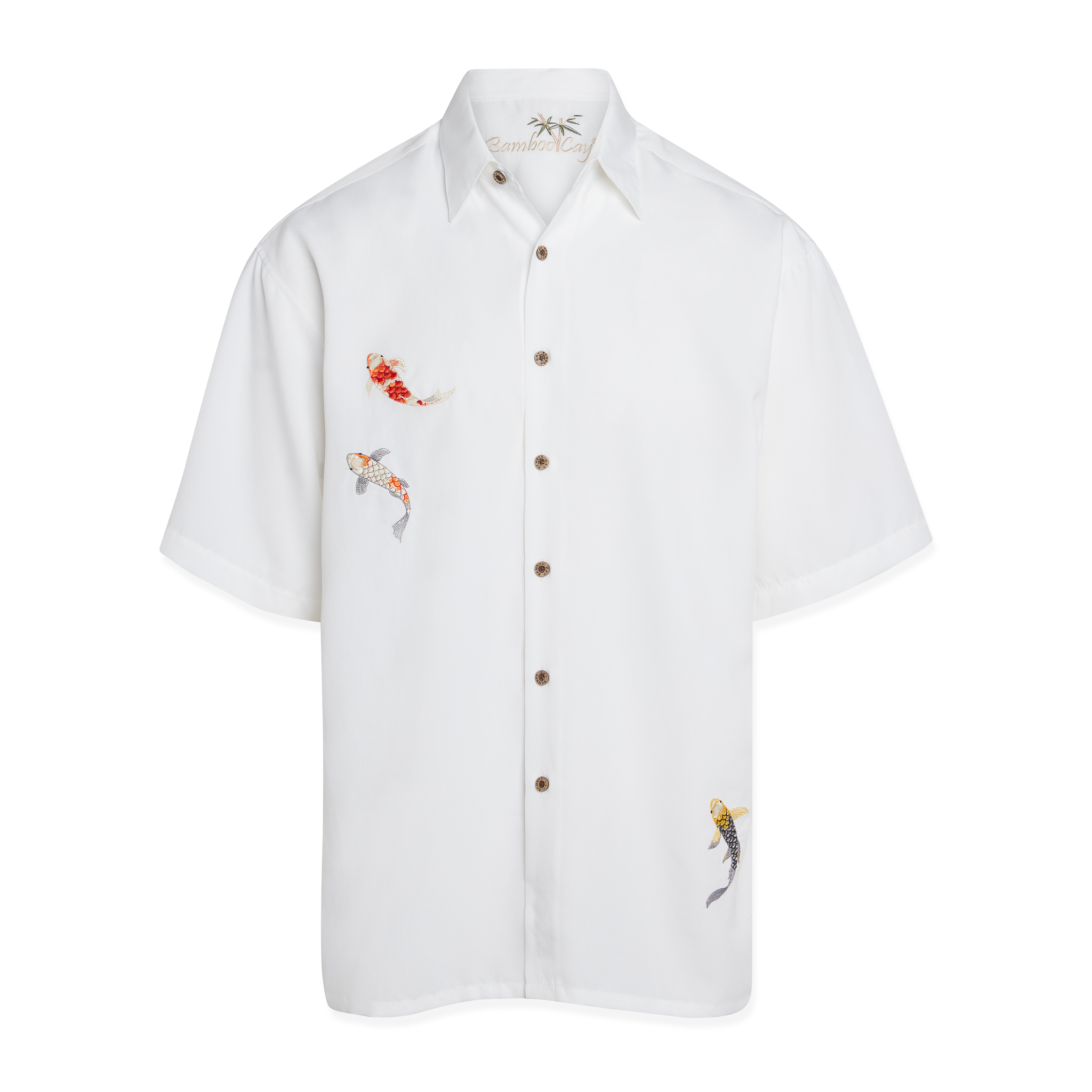 bamboo cay mens charming koi fish white colored embroidered shirt