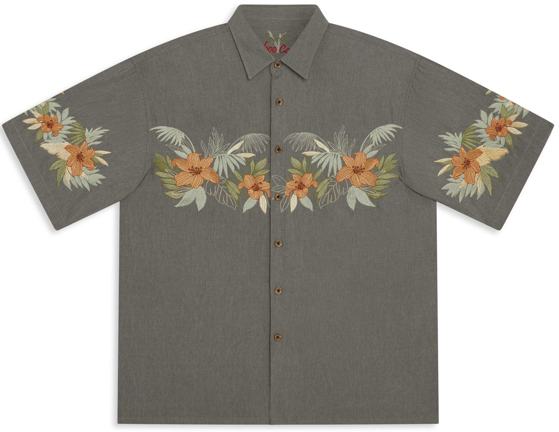 Gray short-sleeve shirt with vibrant orange and green floral embroidery across the chest and sleeves. The shirt has a casual, tropical feel.