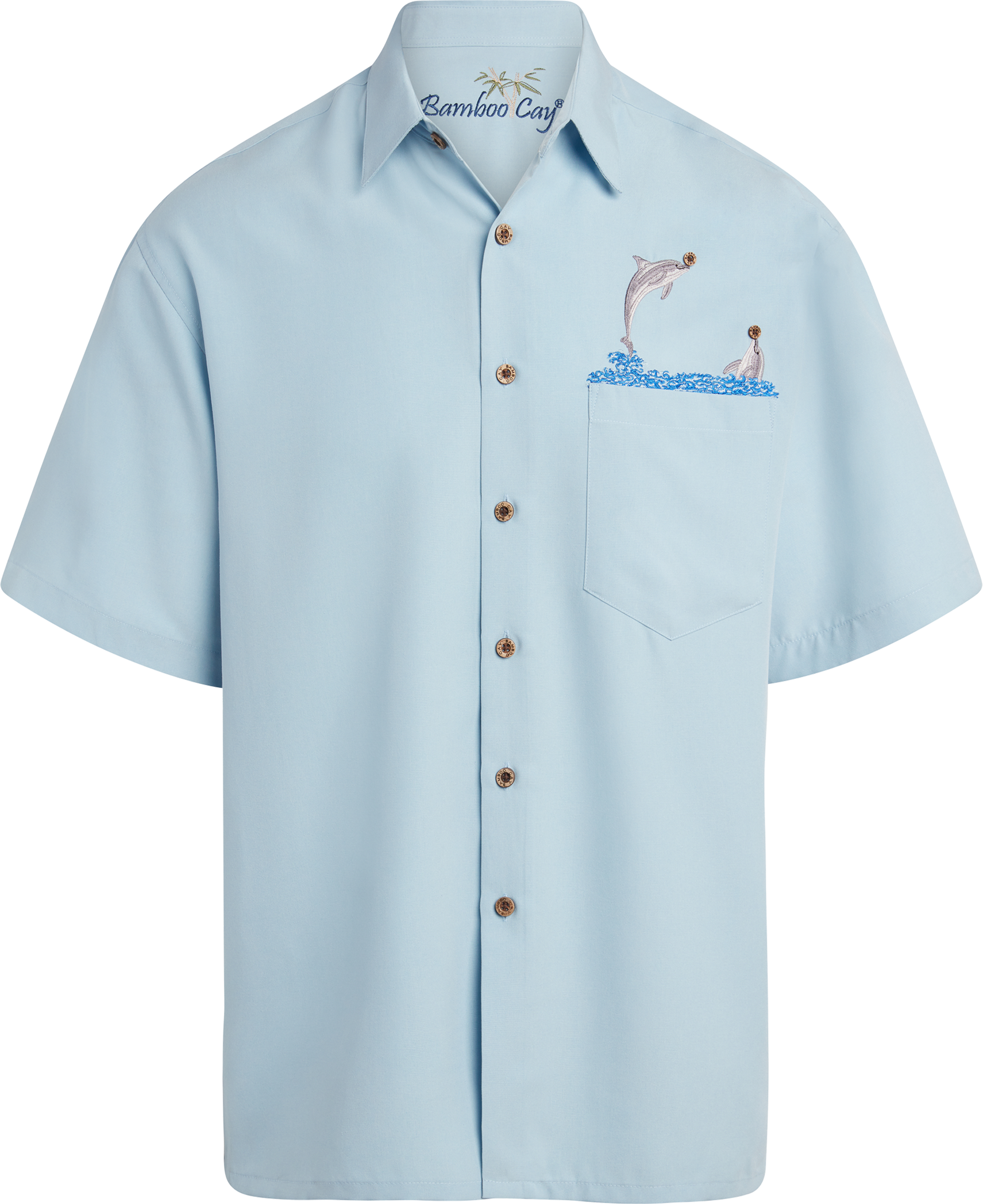 Bamboo Cay Tropical dolphins short sleeve button up pocket shirt blue
