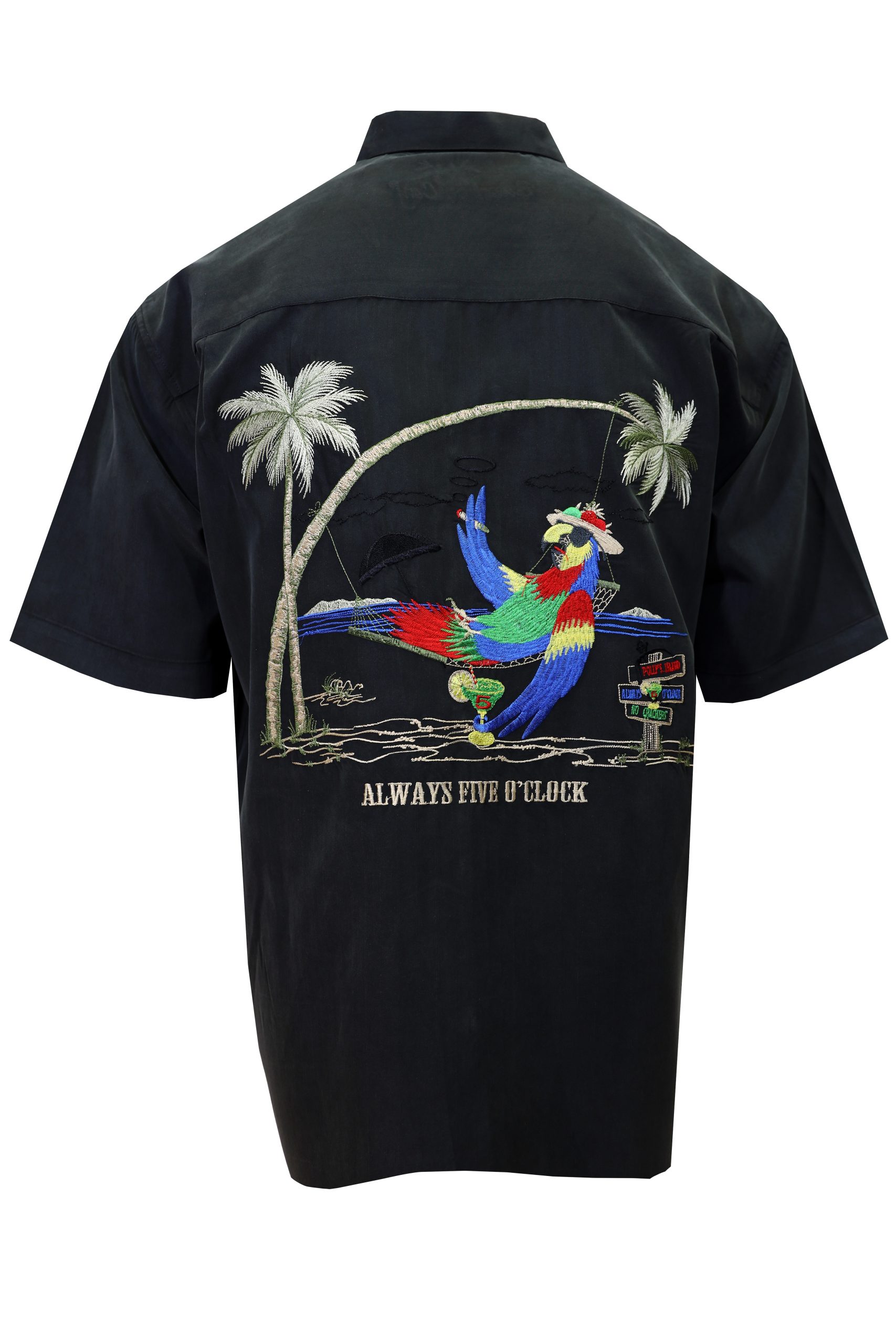 embroidered mens shirt bamboo cay parrot always 5 oclock