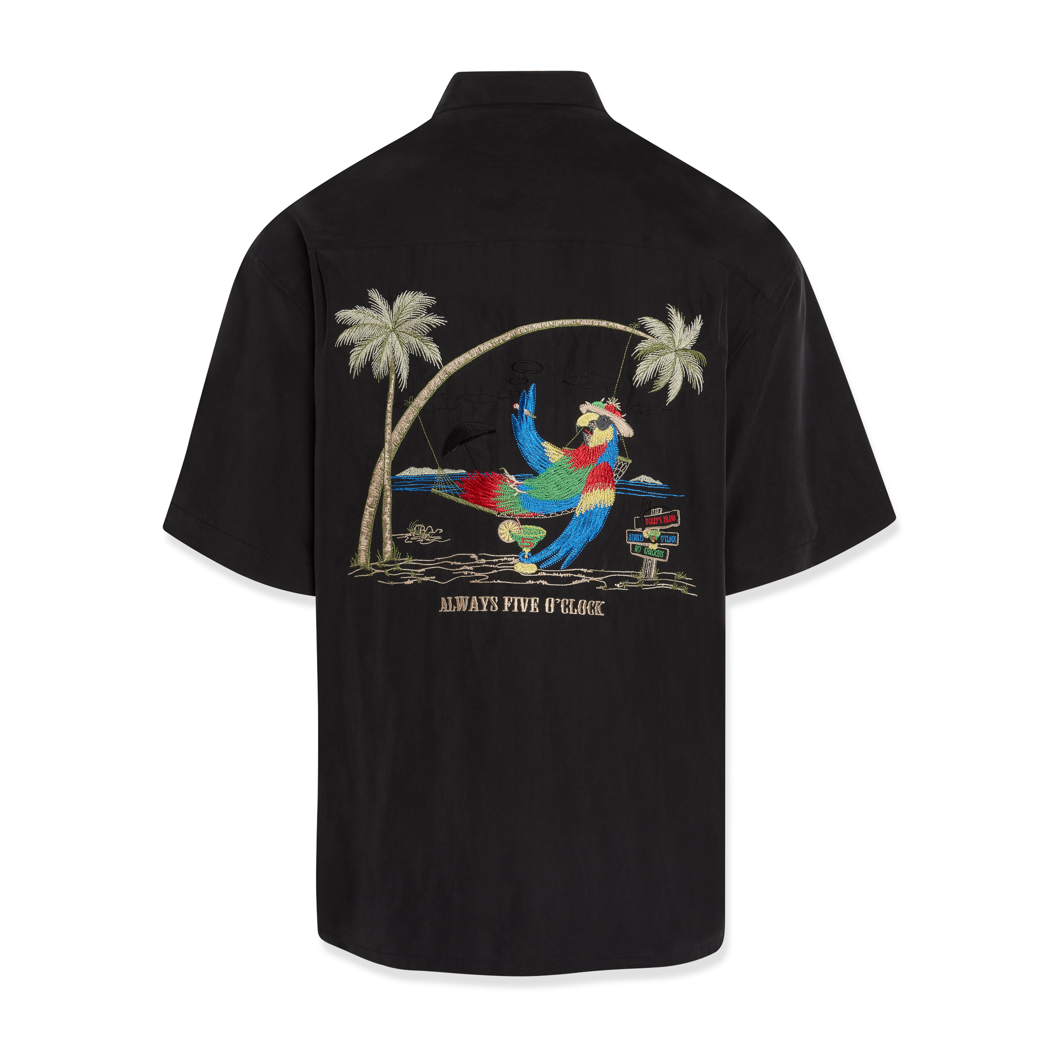Bamboo Cay Mens Always 5 Oclock parrot embroidered camp shirt