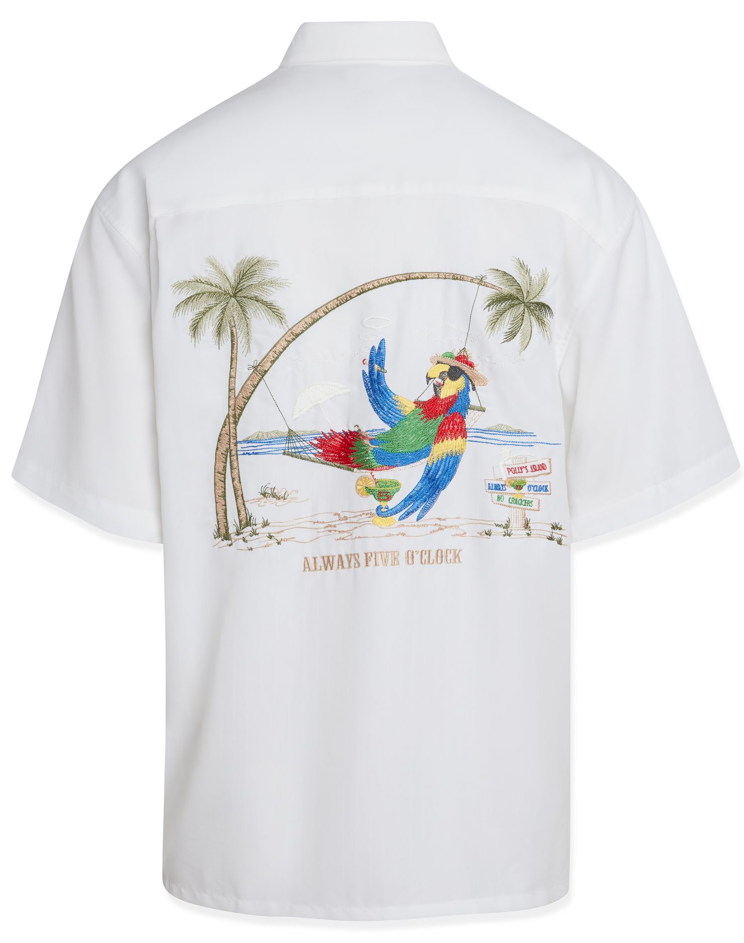 Bamboo Cay Mens Always 5 Oclock parrot embroidered camp shirt