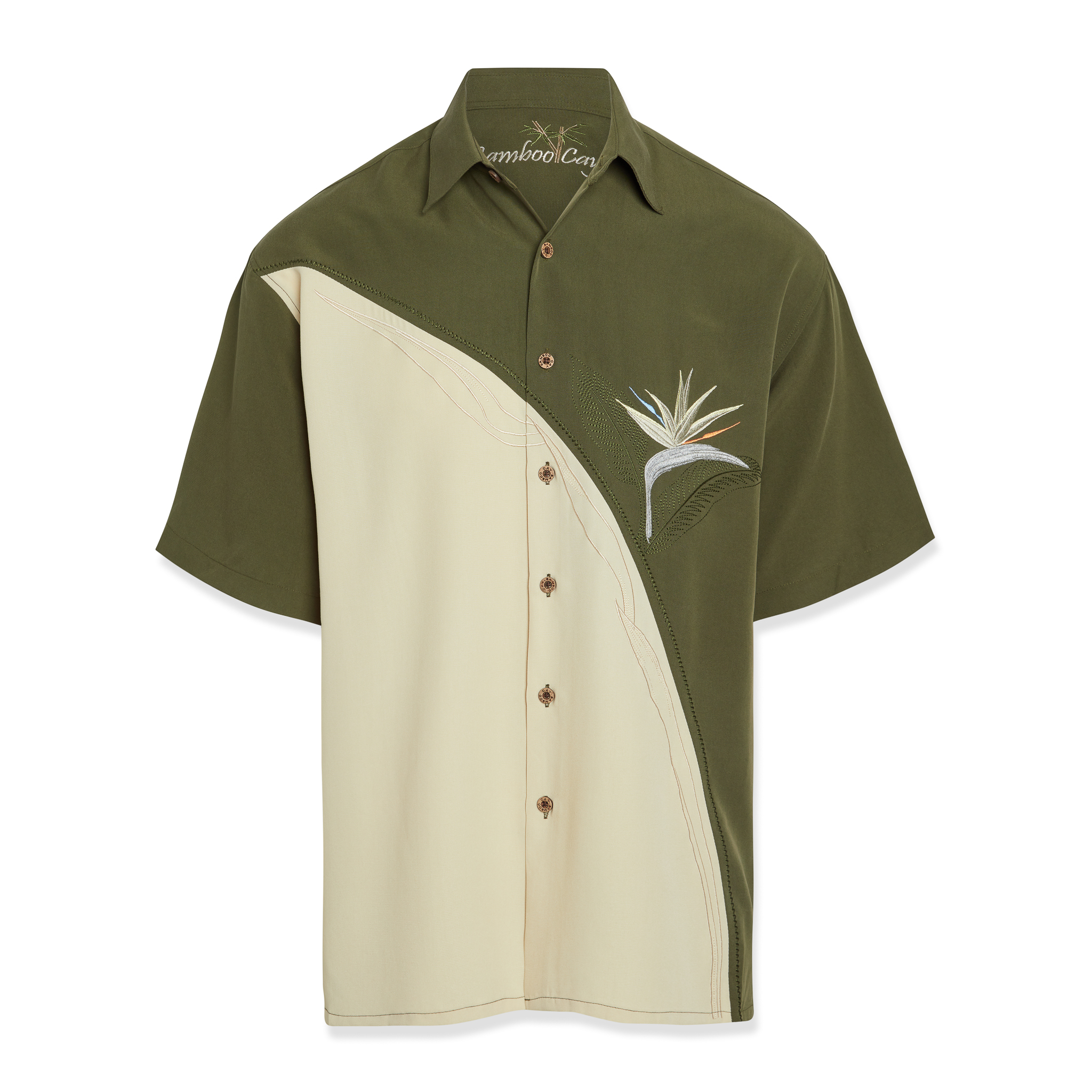 bamboo cay mens crescent bird of paradise short sleeve button up shirt