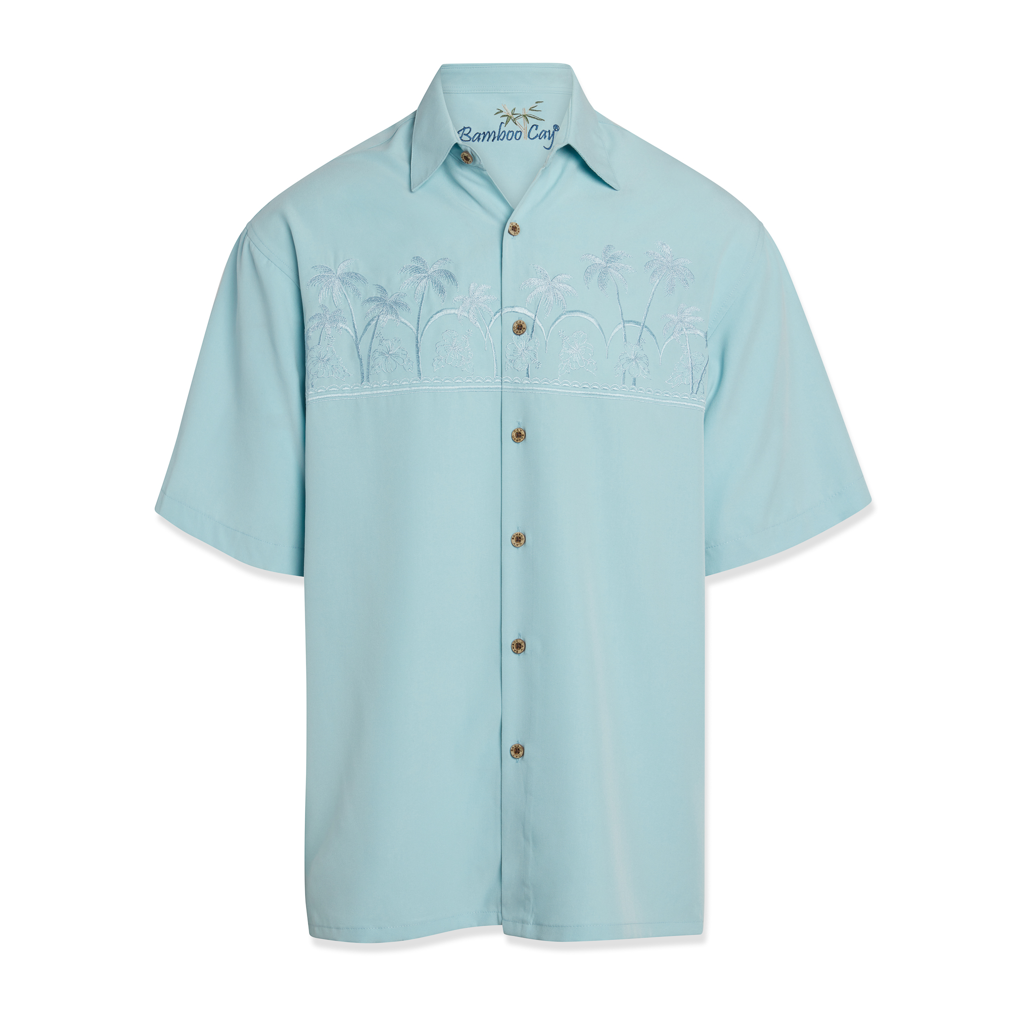 bamboo cay mens tonal chest palms embroidered button down aqua shirt