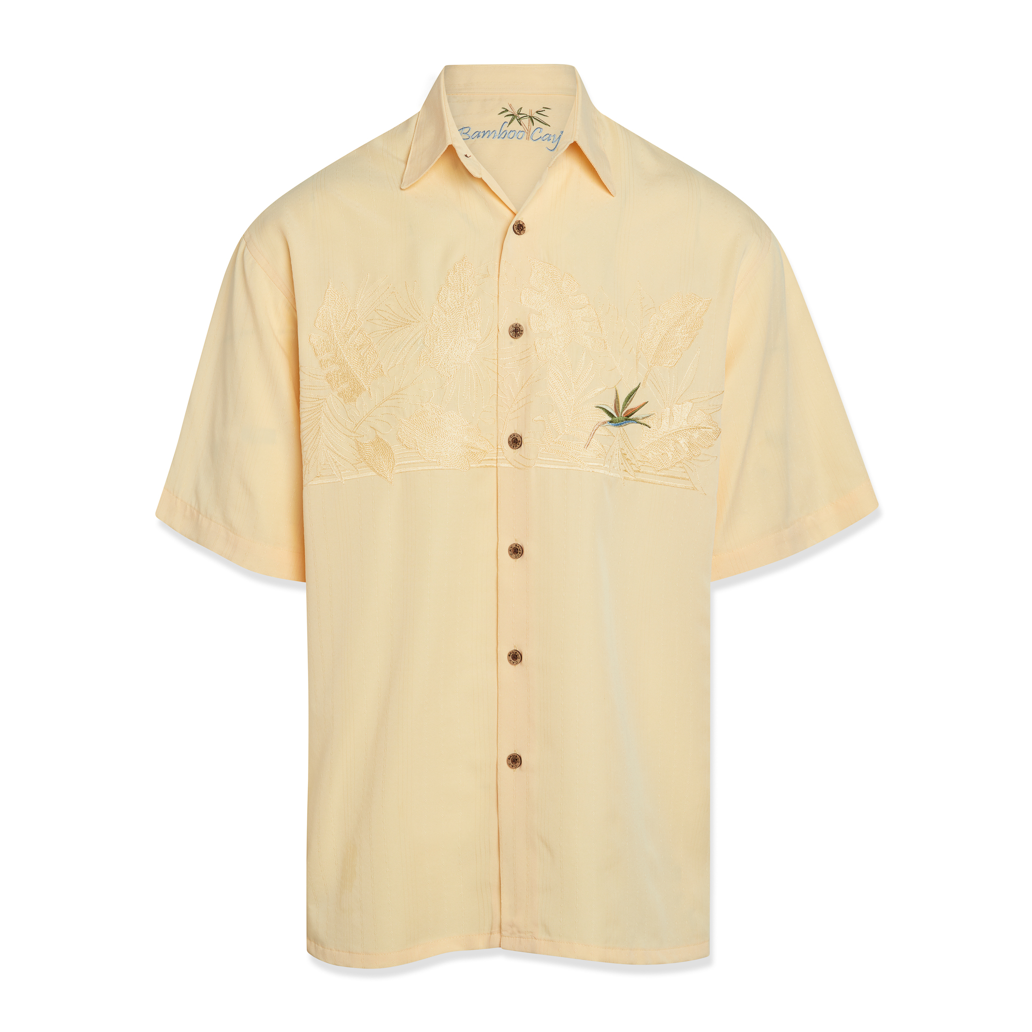 bamboo cay mens embroidered chest bird of paradise tropical button down shirt