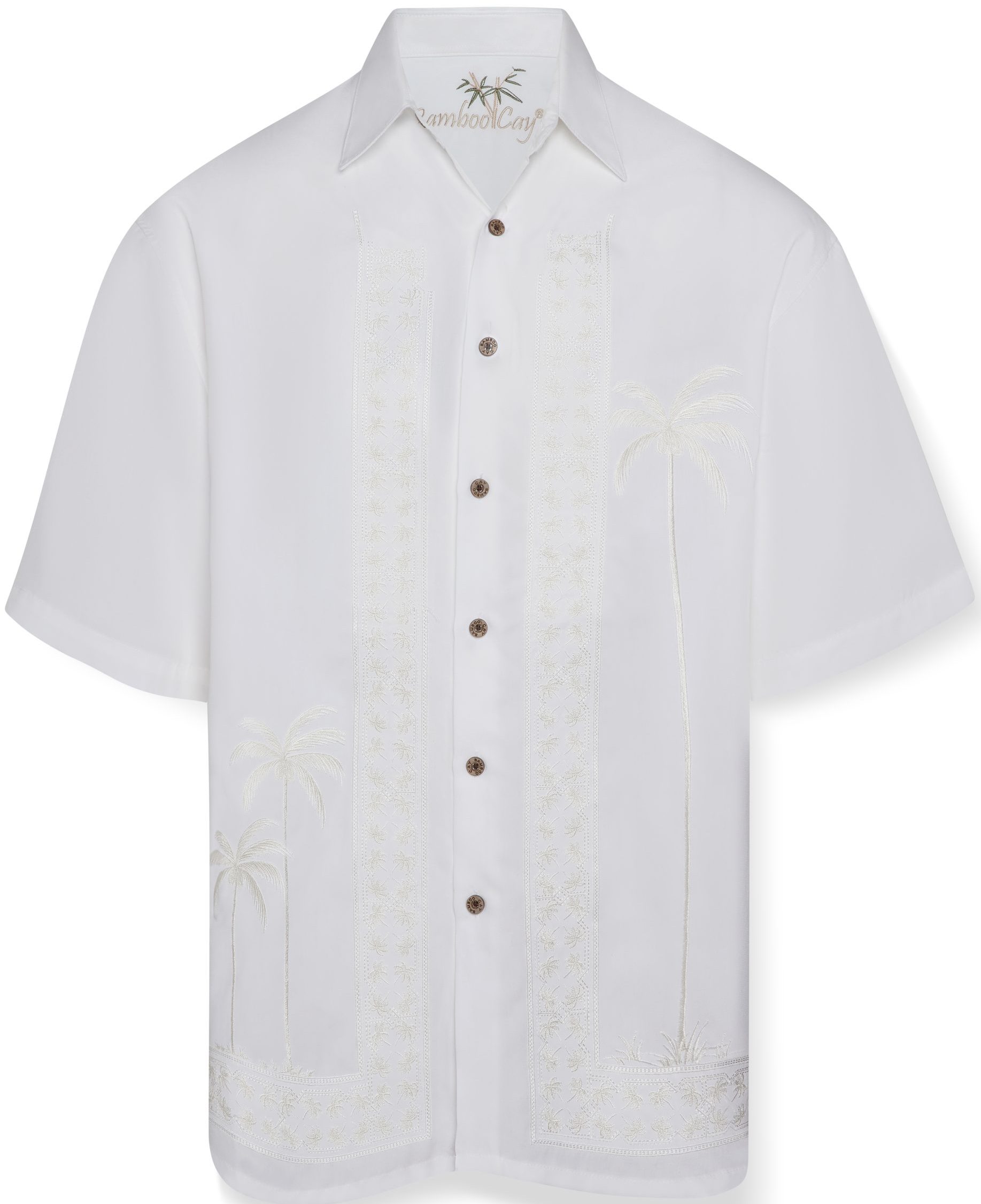 Off White short-sleeve shirt with palm tree embroidery along the front. Features brown buttons, a relaxed fit, and a casual, tropical vibe.