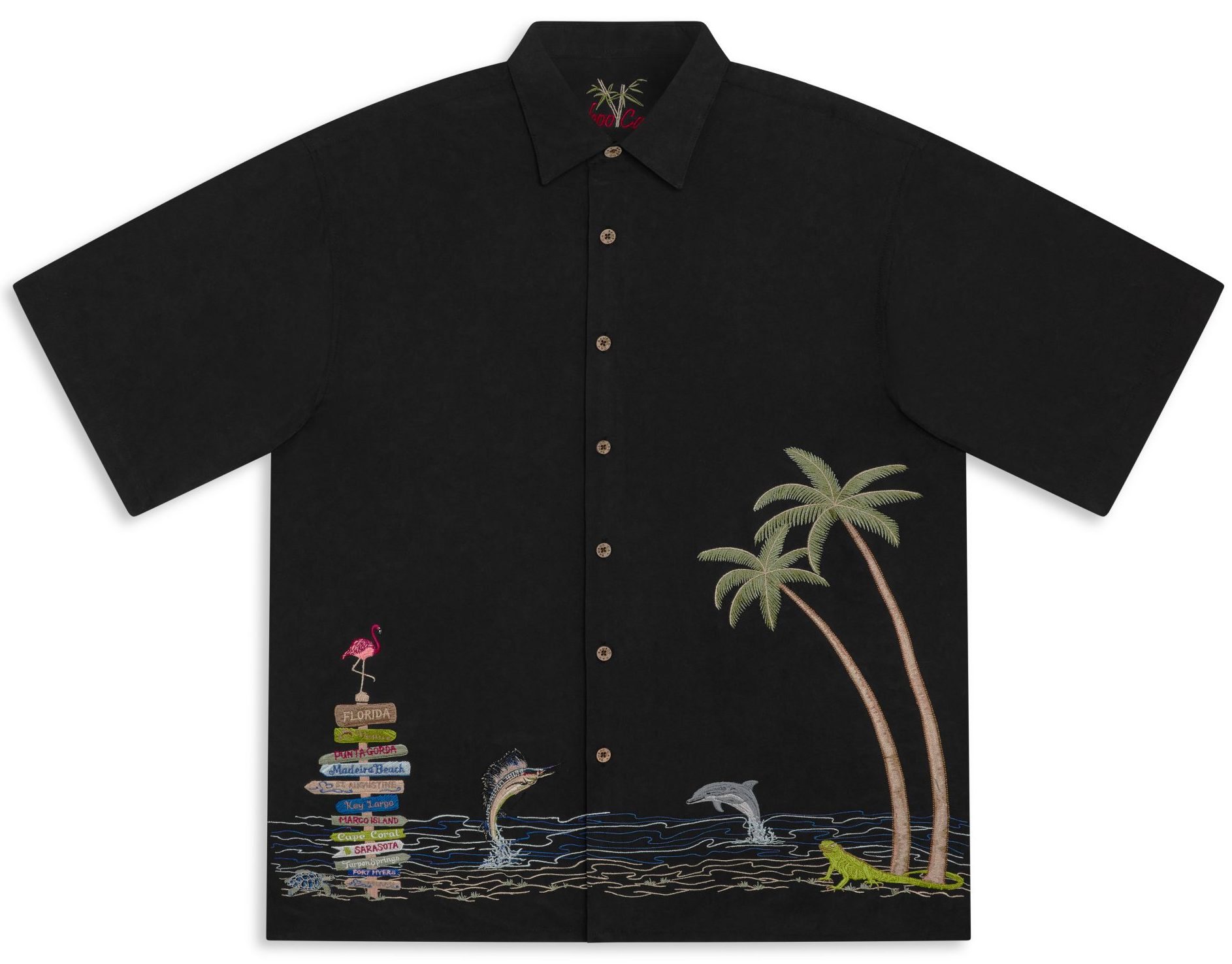 Men's black scenic embroidered camp shirt with tropical beach scene featuring palm trees, marlin, dolphin, and flamingo signpost.