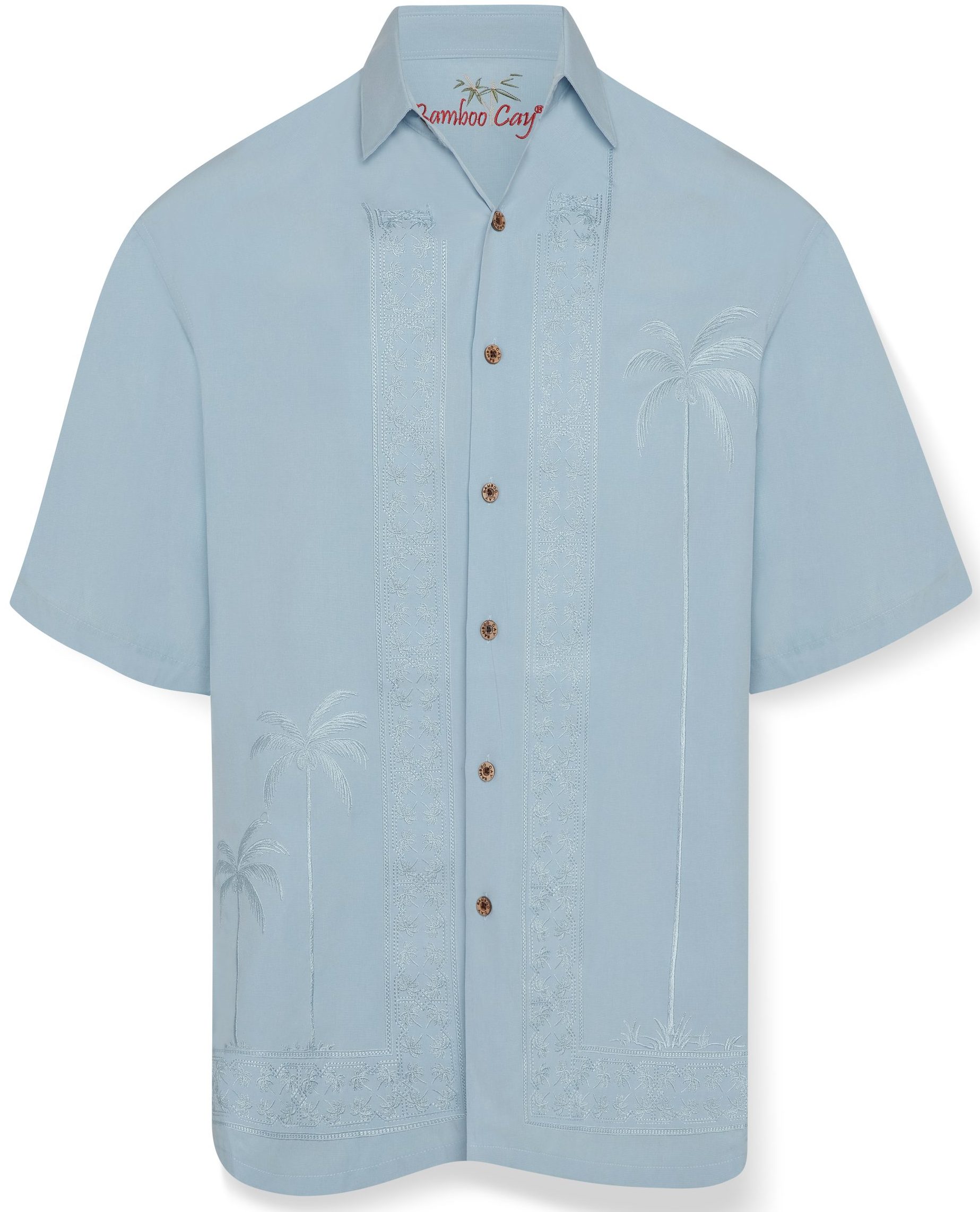 Chalk Blue short-sleeve shirt with palm tree embroidery along the front. Features brown buttons, a relaxed fit, and a casual, tropical vibe.