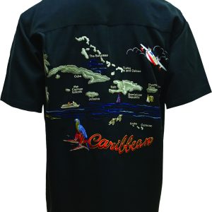 Caribbean Island Embroidered Camp Shirt - S, Black